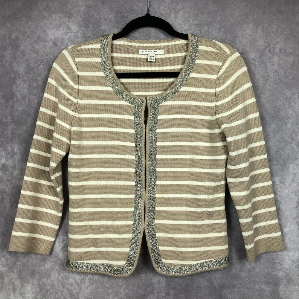 Banana Republic‎ Tan White Striped Cardigan Sweater Silver Trim Cotton Sz MP